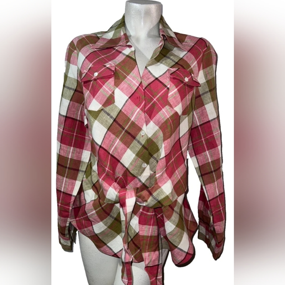 Jones New York Signature Plaid Button Shirt in Pink, Olive & Cream 100% Linen